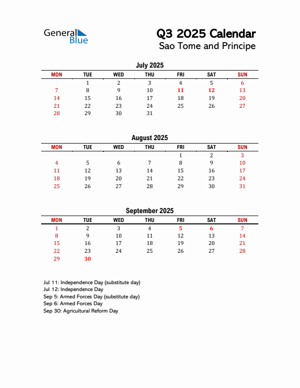 2025 Q3 Calendar with Holidays List for Sao Tome and Principe