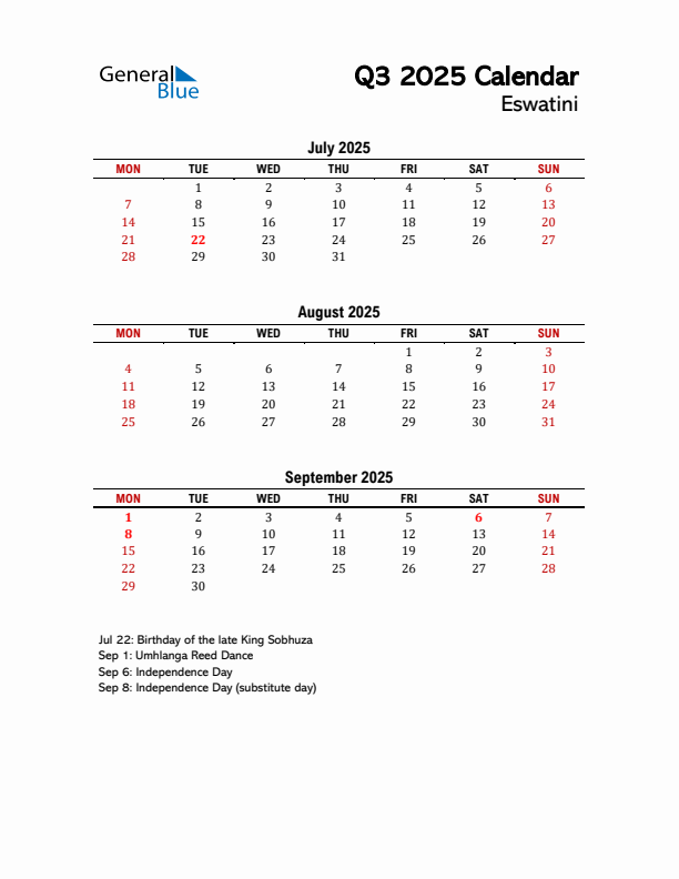 2025 Q3 Calendar with Holidays List for Eswatini