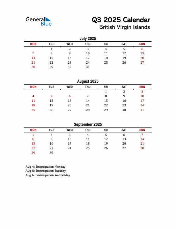 2025 Q3 Calendar with Holidays List for British Virgin Islands