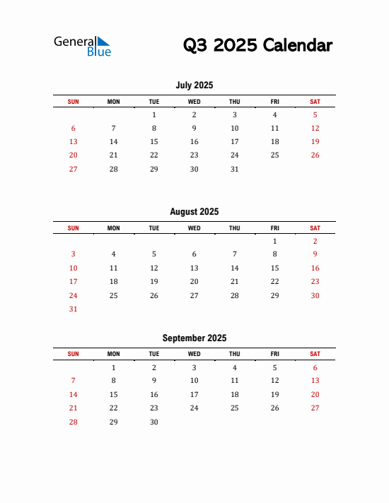 Quarter 3 2025 calendar template
