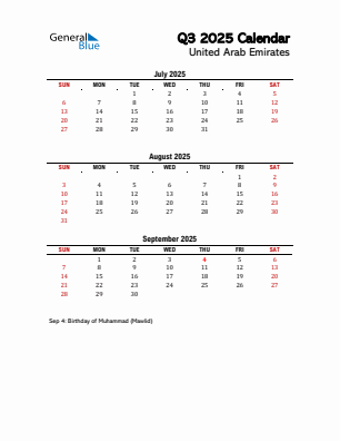 United Arab Emirates Quarter 3  2025 calendar template
