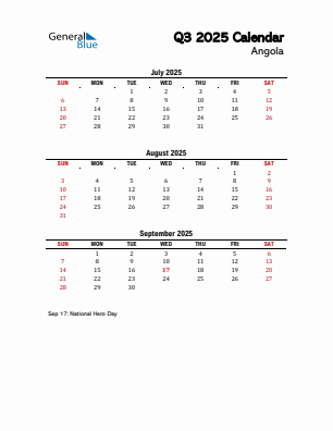 Angola Quarter 3 2025 calendar template