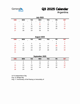 Argentina Quarter 3  2025 calendar template