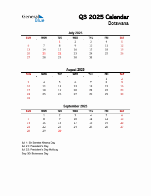 Botswana Quarter 3 2025 calendar template