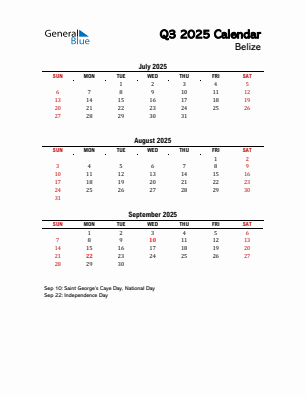 Belize Quarter 3 2025 calendar template