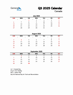 Canada Quarter 3  2025 calendar template