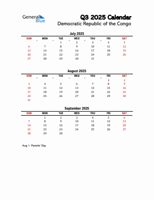 Democratic Republic of the Congo Quarter 3  2025 calendar template