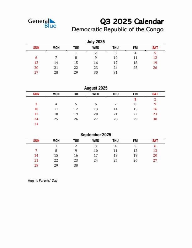 2025 Q3 Calendar with Holidays List for Democratic Republic of the Congo