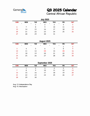 Central African Republic Quarter 3  2025 calendar template