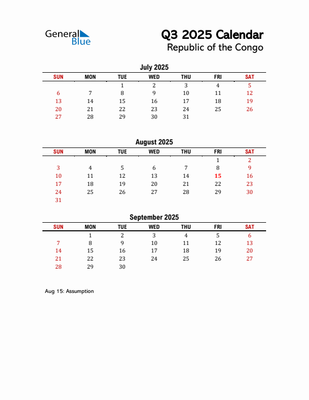2025 Q3 Calendar with Holidays List for Republic of the Congo