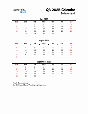 Switzerland Quarter 3  2025 calendar template
