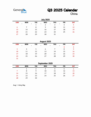 China Quarter 3 2025 calendar template