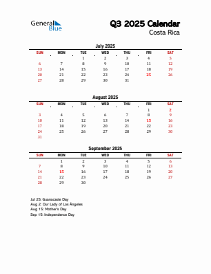 Costa Rica Quarter 3 2025 calendar template