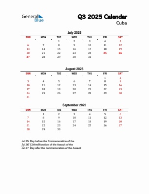 Cuba Quarter 3  2025 calendar template