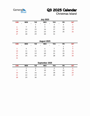 Christmas Island Quarter 3  2025 calendar template
