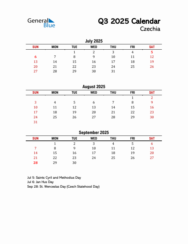 2025 Q3 Calendar with Holidays List for Czechia