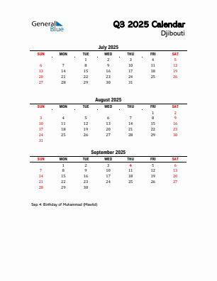 Djibouti Quarter 3  2025 calendar template