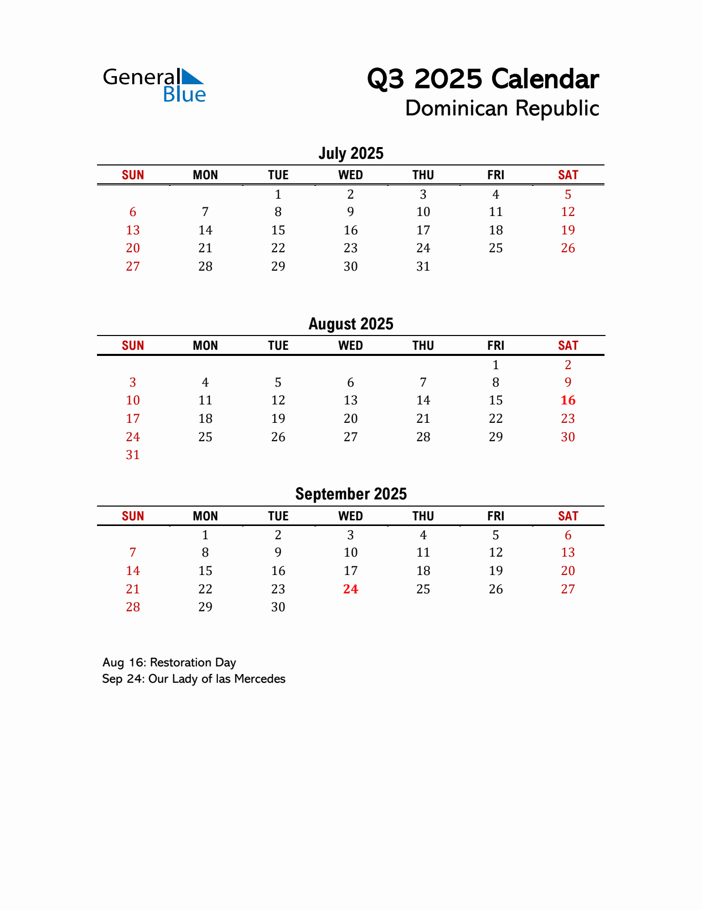 2025 Q3 Calendar with Holidays List for Dominican Republic
