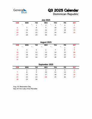 Dominican Republic Quarter 3 2025 calendar template
