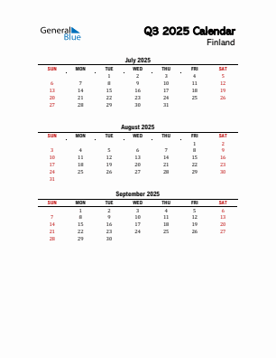 Finland Quarter 3 2025 calendar template