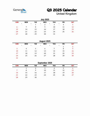 United Kingdom Quarter 3  2025 calendar template