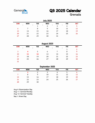 Grenada Quarter 3  2025 calendar template