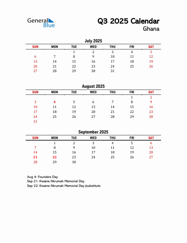 2025 Q3 Calendar with Holidays List for Ghana