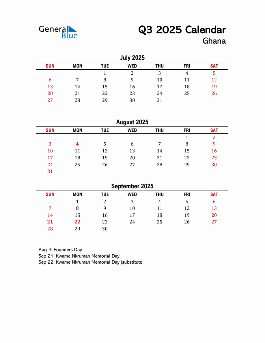 2025 Q3 Calendar with Holidays List for Ghana