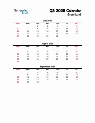 Greenland Quarter 3 2025 calendar template