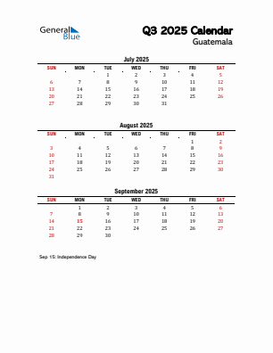 Guatemala Quarter 3 2025 calendar template