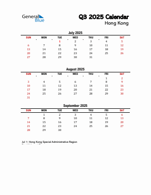 Hong Kong Quarter 3  2025 calendar template