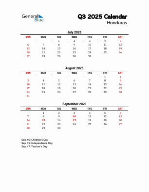 Honduras Quarter 3  2025 calendar template