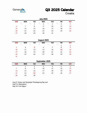 Croatia Quarter 3  2025 calendar template