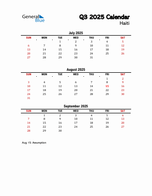 Haiti Quarter 3  2025 calendar template