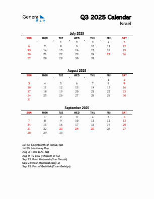Israel Quarter 3  2025 calendar template