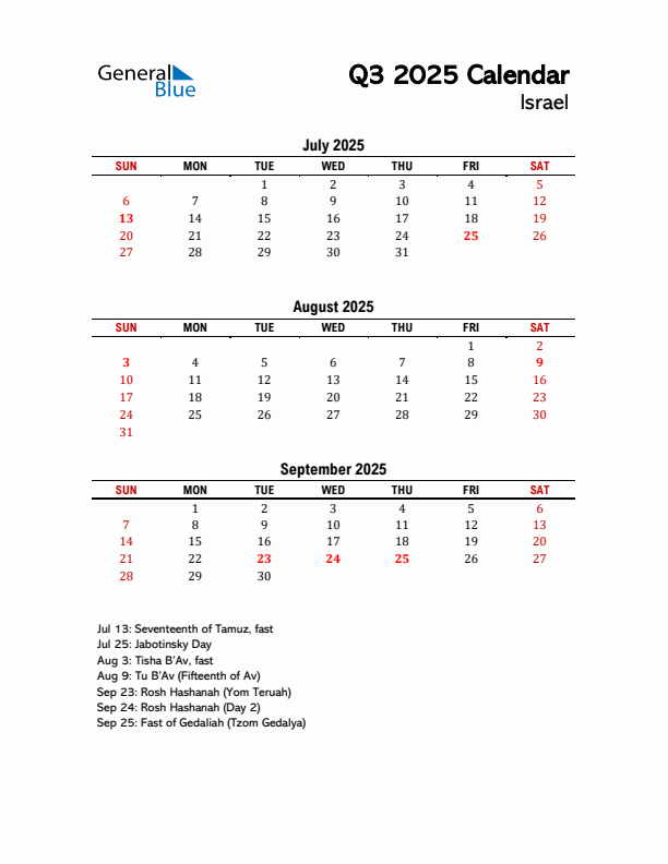 2025 Q3 Calendar with Holidays List for Israel