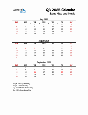 Saint Kitts and Nevis Quarter 3  2025 calendar template