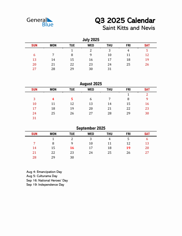 2025 Q3 Calendar with Holidays List for Saint Kitts and Nevis