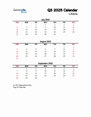 Liberia Quarter 3  2025 calendar template