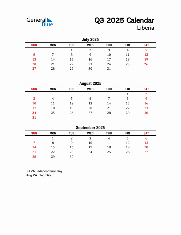 2025 Q3 Calendar with Holidays List for Liberia
