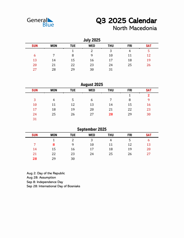 2025 Q3 Calendar with Holidays List for North Macedonia