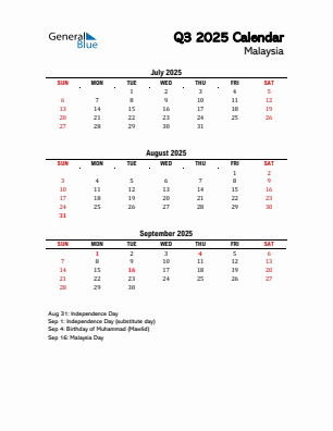 Malaysia Quarter 3  2025 calendar template