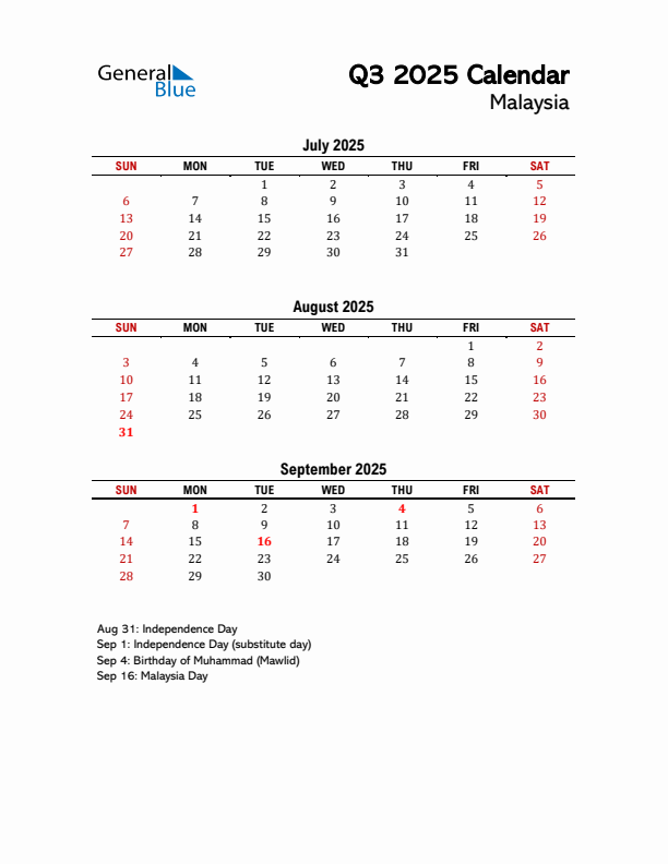 2025 Q3 Calendar with Holidays List for Malaysia
