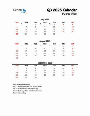 Puerto Rico Quarter 3  2025 calendar template
