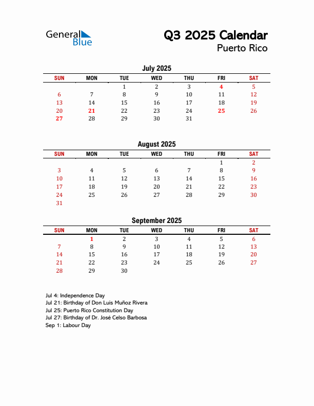 2025 Q3 Calendar with Holidays List for Puerto Rico