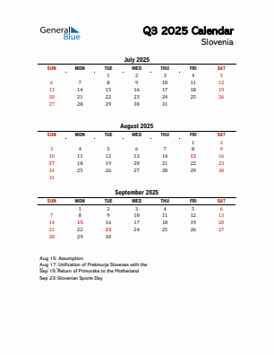 Slovenia Quarter 3 2025 calendar template