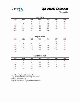 Slovakia Quarter 3  2025 calendar template