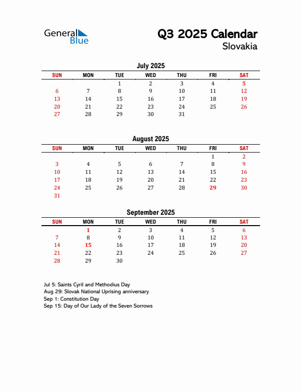 2025 Q3 Calendar with Holidays List for Slovakia