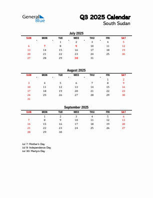 South Sudan Quarter 3 2025 calendar template