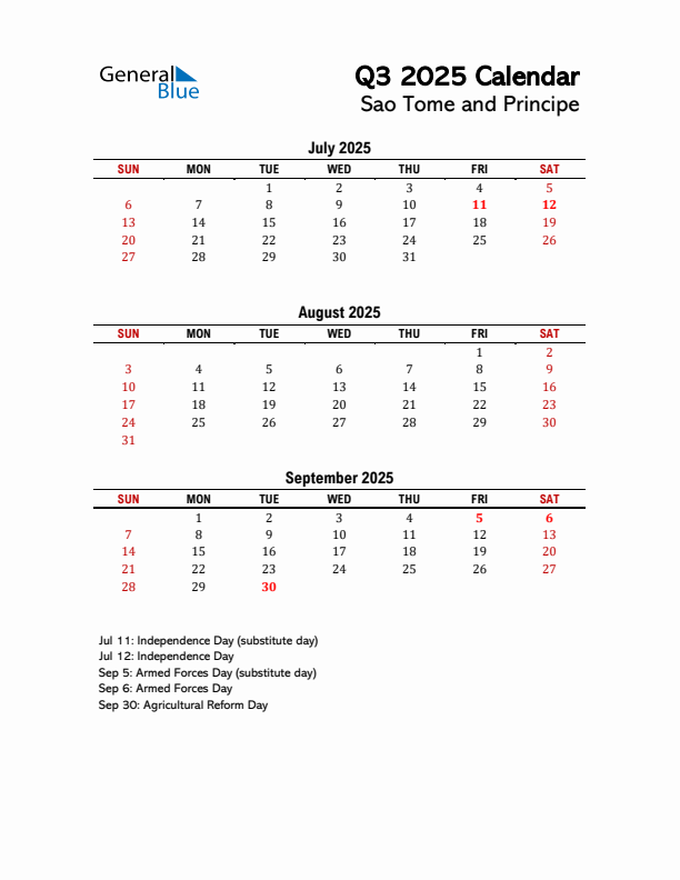 2025 Q3 Calendar with Holidays List for Sao Tome and Principe